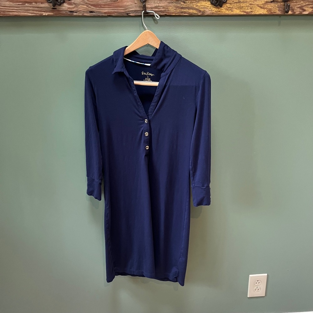 Lilly Pulitzer Navy Blue Long Sleeve Collared Button‎ Neck Casual Dress Size S